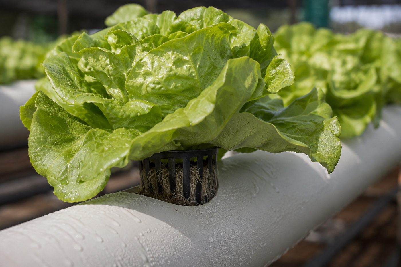 Close-up of a mature lettuce growing out of a black mesh net pot set into the top of a white PVC channel, with fine white roots visible through the mesh and condensation beading on the pipe.