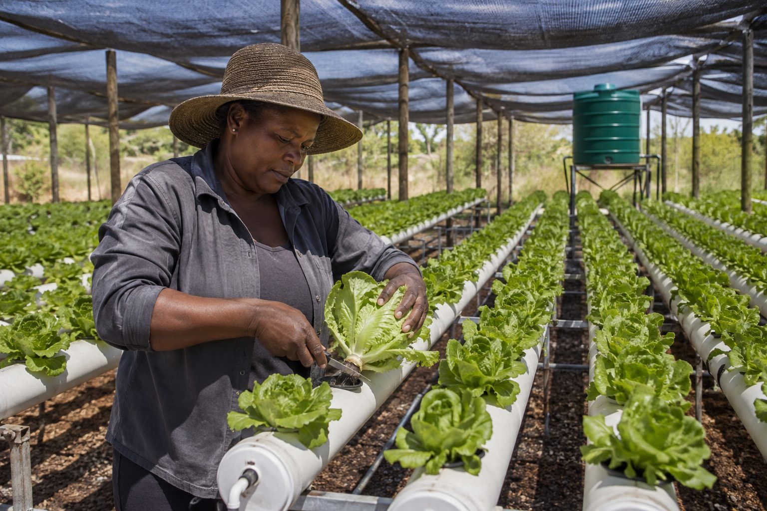 A farmer in a straw hat cutting a head of lettuce free from a white PVC hydroponic channel, with rows of lettuce receding behind her under a shade-net roof and a green water tank on a stand at the far end.