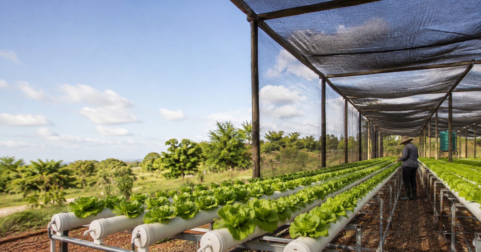 A shade-net hydroponic bed on a hillside, four banks of white PVC channels full of lettuce running away from the camera, open countryside visible past the open side, a worker among the rows and a green water tank at the far end.
