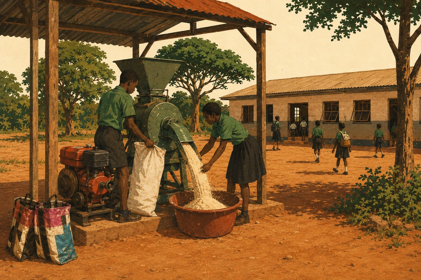 A diesel hammer mill under an open shelter at the edge of a school yard, pouring milled maize meal into a basin while pupils walk to class behind.