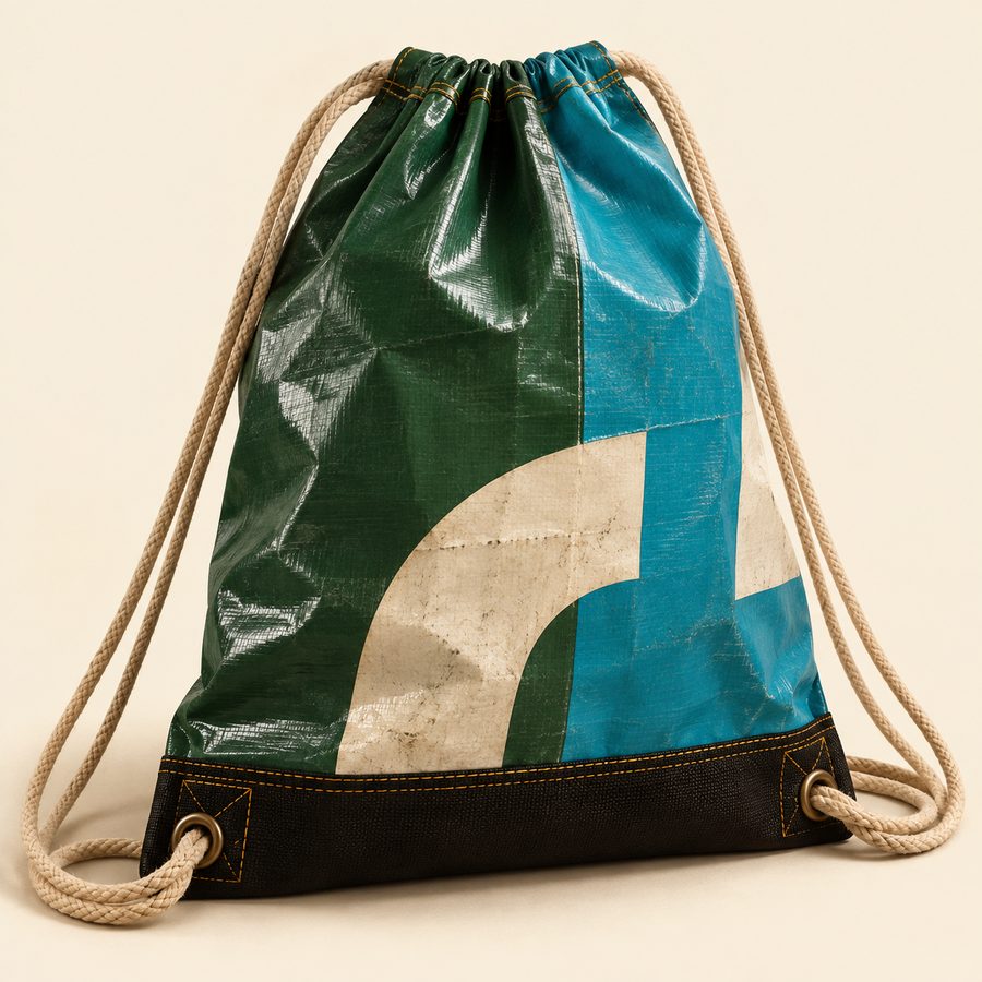 A drawstring gym bag in green and blue reclaimed billboard vinyl with cotton cords and a black reinforced base.