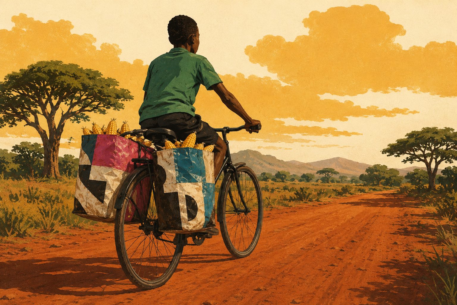 A boy cycles along a red dirt road with two patchwork carrier bags of maize cobs strapped to his rear rack.
