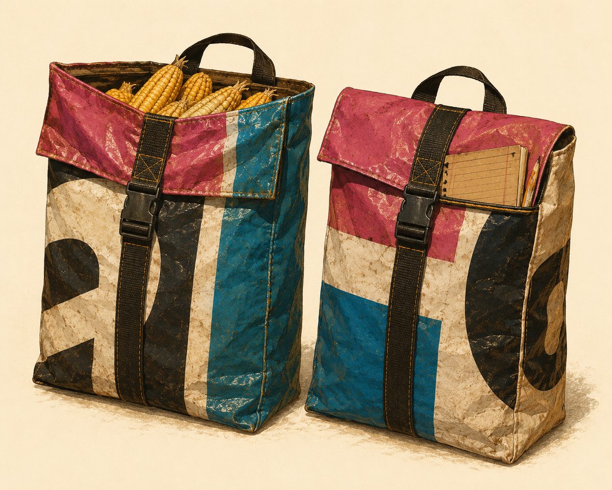 Two carrier bags made from patchworked billboard vinyl: one holding maize cobs, the other holding a school exercise book.
