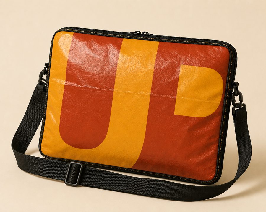 A padded laptop sleeve with shoulder strap, made from orange and red reclaimed billboard vinyl showing part of a giant letterform.