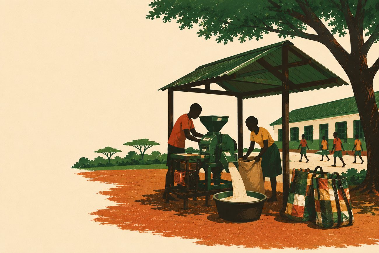 A mill running under an open shelter at the edge of a school yard, pouring maize meal into a sack, with billboard carrier bags stacked beside it and pupils crossing the yard behind.