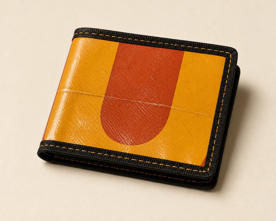 A bifold wallet made from orange and red reclaimed billboard vinyl, bound in black webbing with gold stitching.